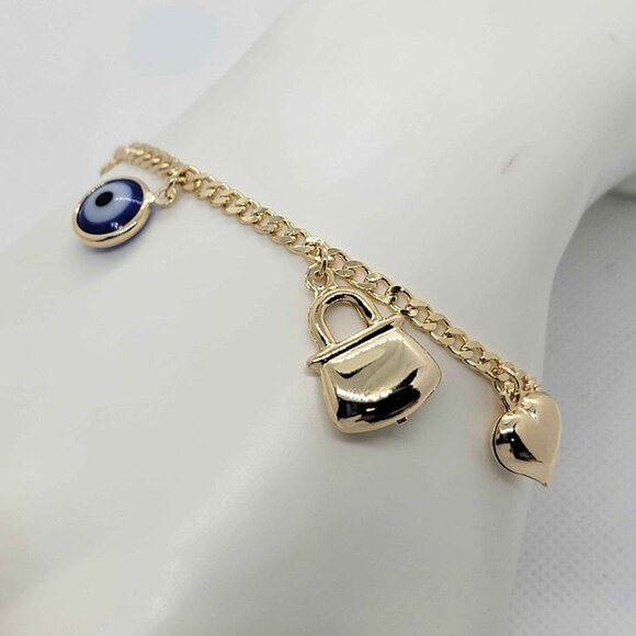 Brand New Brazilian 18k Gold Filled Multi Charms w/   Blue Evil Eye Bracelet - Picture 2 of 7